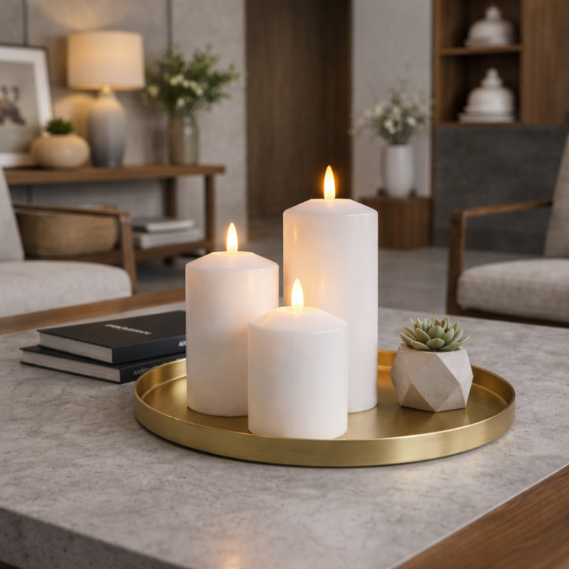 Assorted bullet LED wax candles on gold tray in modern living room decor - thumbnail number 7