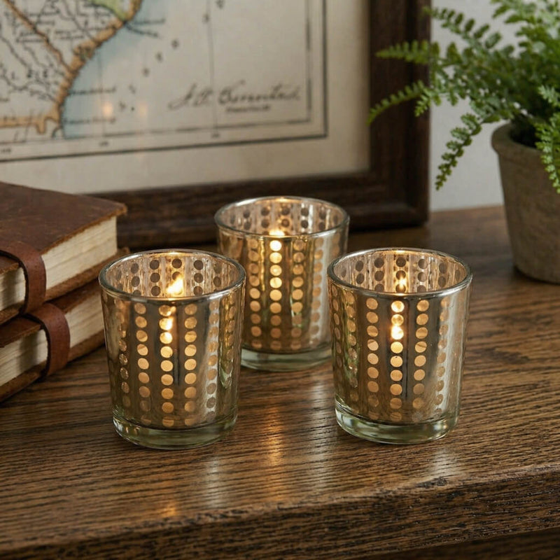 Three gold dotted glass holders with lit candles on a wooden shelf with books and a map - thumbnail number 7