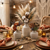 Bohemian tablescape with three speckled vases of dried and fresh botanicals - thumbnail number 3