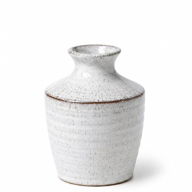 3.25" x 4.5" white speckled bud vase on a white backdrop - thumbnail number 1