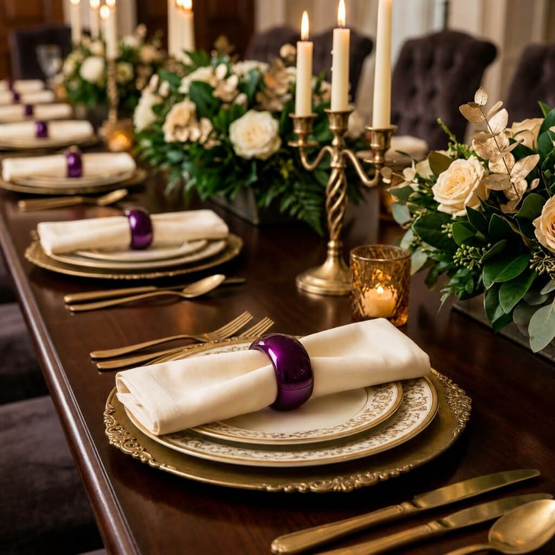 A 2.3-inch eggplant napkin ring holding a white napkin on a dinner table setting - thumbnail number 4