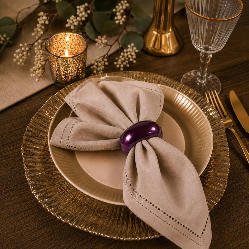 A 2.3-inch eggplant napkin ring holding a beige napkin on a table setting - thumbnail number 8