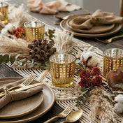 Gold dotted holders on a macrame runner with pampas grass, dried roses, and rustic place settings - thumbnail number 5