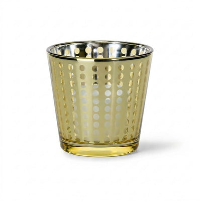 Gold dotted votive holder with unlit white candle on a solid white background - thumbnail number 2
