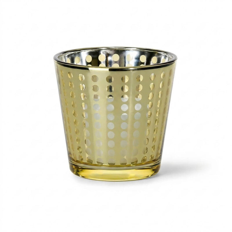 Gold dotted votive holder with unlit white candle on a solid white background - thumbnail number 2