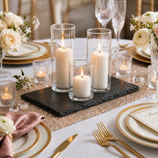 Three white pillar candles in glass cylinders on a rectangular black slate coaster - thumbnail number 6