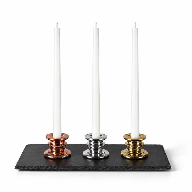 Three taper candles in metallic holders on a Rectangle Natural Slate Coaster - thumbnail number 4