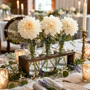 Vintage Milk Bottle Vases With Wooden Stand featuring large white dahlias - thumbnail number 6