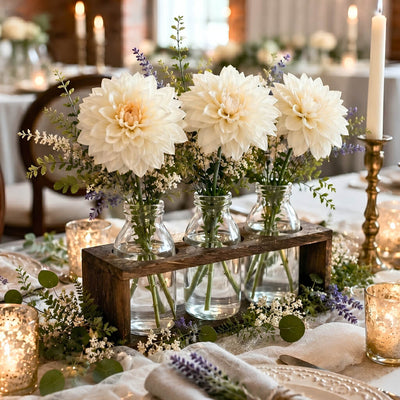 Vintage Milk Bottle Vases With Wooden Stand featuring large white dahlias - thumbnail number 6