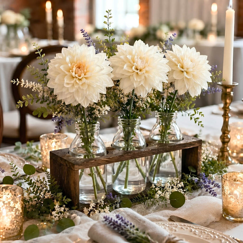 Vintage Milk Bottle Vases With Wooden Stand featuring large white dahlias - thumbnail number 6