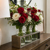 Vintage Milk Bottle Vases With Wooden Stand featuring red and white flowers - thumbnail number 8