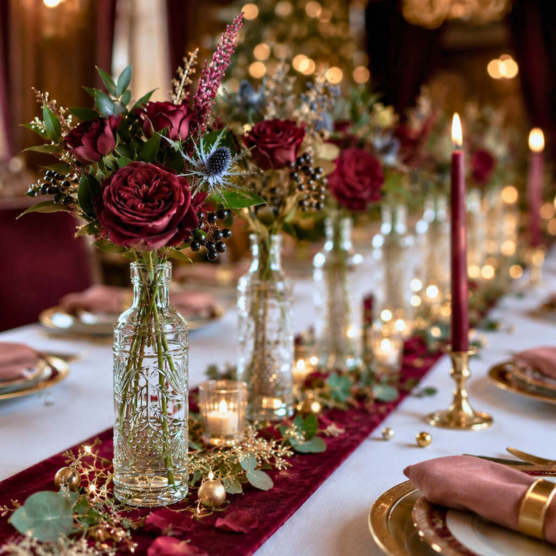 Deep red flowers in a Vintage Swirl Bud Vase on a holiday table - thumbnail number 5