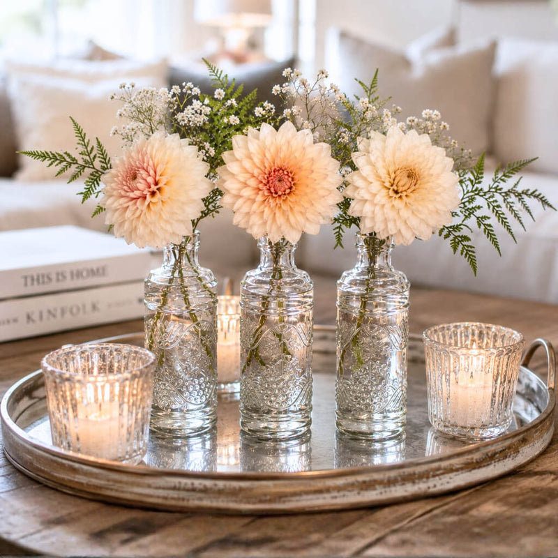 Flowers in Vintage Swirl Bud Vases on a mirror tray - thumbnail number 7