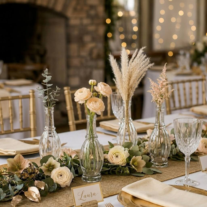 Wedding table centerpiece with flowers in glass Bubble Bud vases on a rustic runner - thumbnail number 4