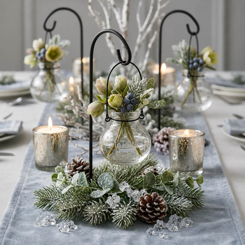 Vintage Jar Hanging Glass Vases with festive winter greenery and candles - thumbnail number 5