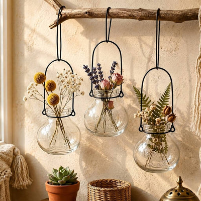 Three Vintage Jar Hanging Glass Vases with dried flowers hanging from a wooden branch - thumbnail number 8
