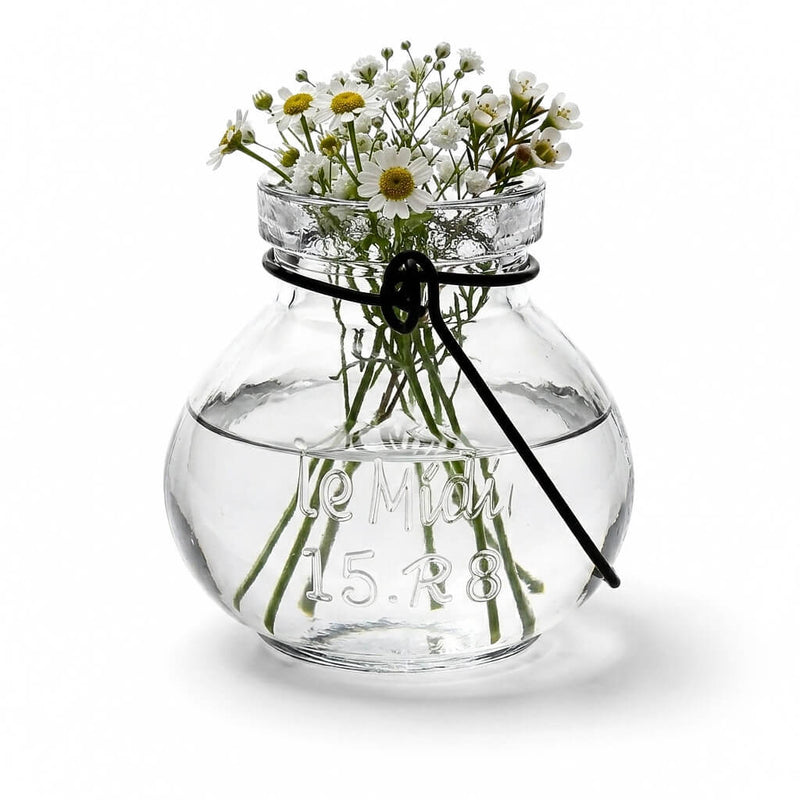 Vintage Jar Hanging Glass Vase filled with small white flowers - thumbnail number 2
