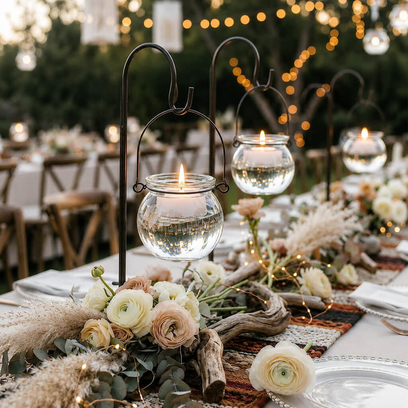 Floating tea lights in a Bubble Hanging Glass Vase on a boho outdoor tablescape - thumbnail number 6