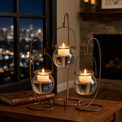 Three floating tea lights in a Bubble Hanging Glass Vase on stands with a city view - thumbnail number 10