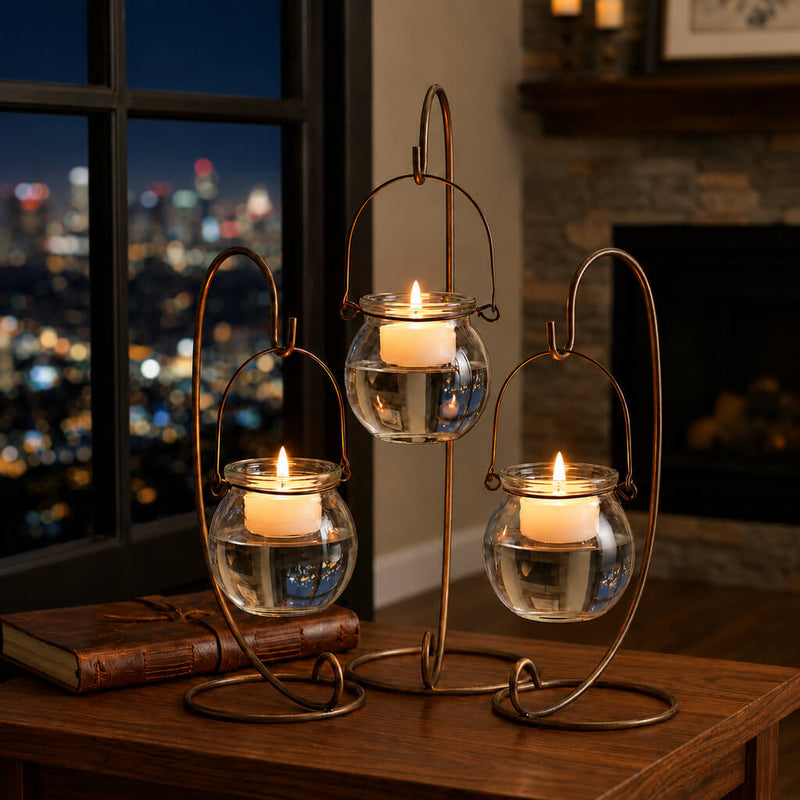 Three floating tea lights in a Bubble Hanging Glass Vase on stands with a city view - thumbnail number 10