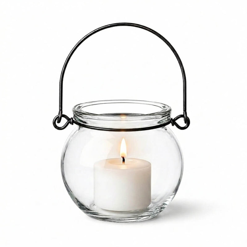 Lit white votive candle in a Bubble Hanging Glass Vase on a white background - thumbnail number 3