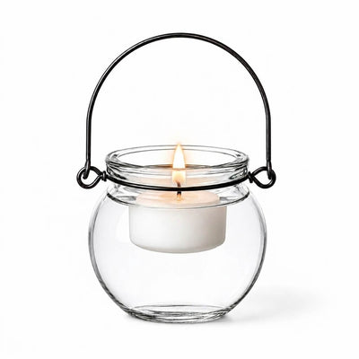 Lit white tealight candle in a Bubble Hanging Glass Vase on a white background - thumbnail number 5