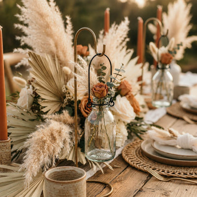 Vintage Bottle Hanging Glass Vase with flowers in a bohemian table centerpiece - thumbnail number 5