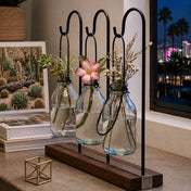 Vintage Bottle Hanging Glass Vases on a wooden stand with various flowers - thumbnail number 8