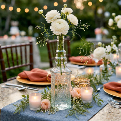 Vintage square glass bottle with white flowers on a tablescape in a garden - thumbnail number 5