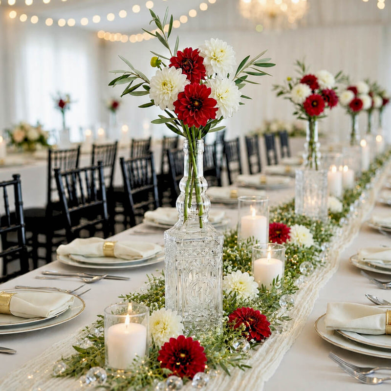 Clear vintage square glass bottle with decorative texture and red flowers on an event table - thumbnail number 3