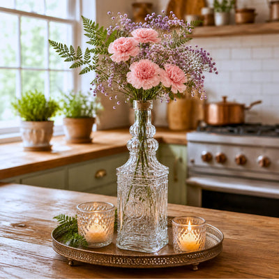 Decorative glass bottle vase with pink flowers on a tray - thumbnail number 7
