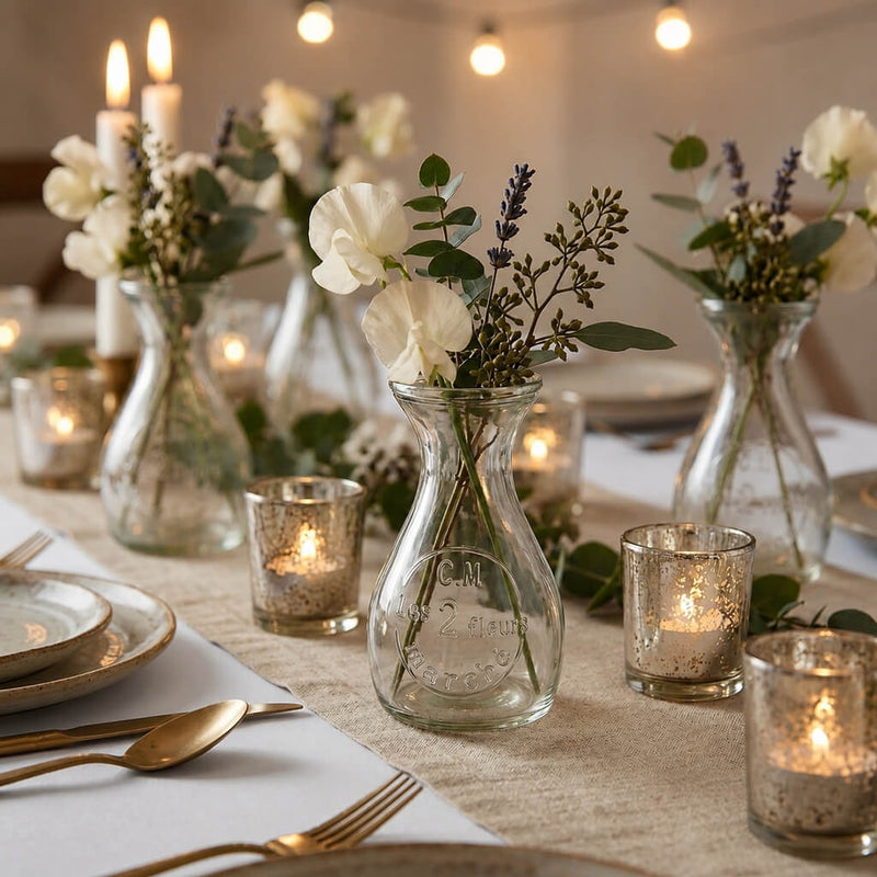 Clear Teardrop Glass Bud Vase with spring flowers on a wedding table - thumbnail number 4