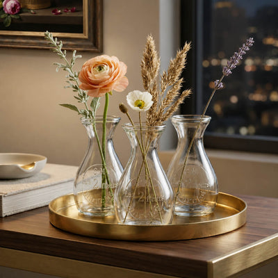 Clear Teardrop Glass Bud Vases with botanicals on a gold tray - thumbnail number 5