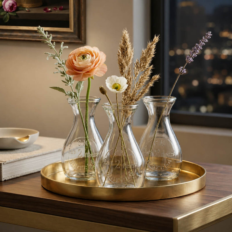 Clear Teardrop Glass Bud Vases with botanicals on a gold tray - thumbnail number 5