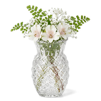 Clear Pineapple Glass Bud Vase filled with alstroemeria and greenery on a white background - thumbnail number 2