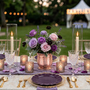 Mercury Venus Jar Rose Gold with purple roses on an outdoor tablescape - thumbnail number 4