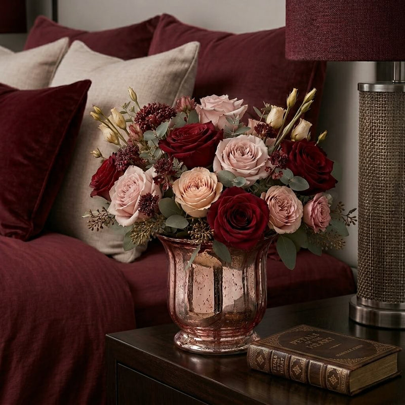 Mercury Venus Jar Rose Gold with red and pink roses on a nightstand - thumbnail number 7