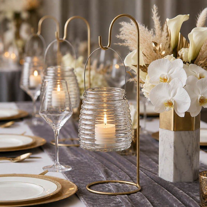 4.6" Hanging Horizontal Ribbed Glass Jar with Handle on a gold stand at a luxury gala tablescape - thumbnail number 5