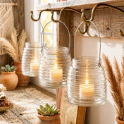 4.6" Hanging Horizontal Ribbed Glass Jar with Handle holding a candle on a rustic hook - thumbnail number 8