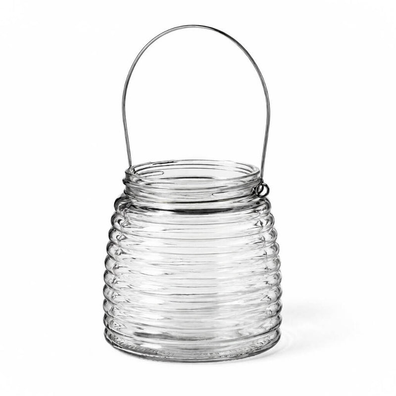 4.6" Hanging Horizontal Ribbed Glass Jar with Handle on a white background - thumbnail number 1