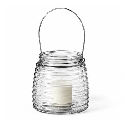 White votive candle in a 4.6" Hanging Horizontal Ribbed Glass Jar with Handle - thumbnail number 2