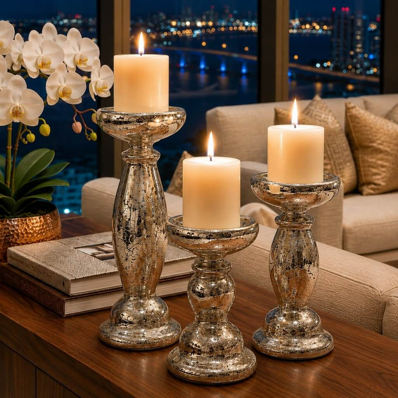 Eastland Unique Mercury Glass Pillar Candle Holder Set of 3 - thumbnail number 8