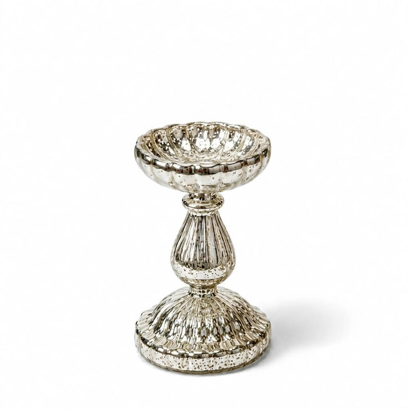 7" Ribbed Unique Mercury Glass Pillar Candle Holder with a scalloped top bowl on a pedestal base - thumbnail number 1