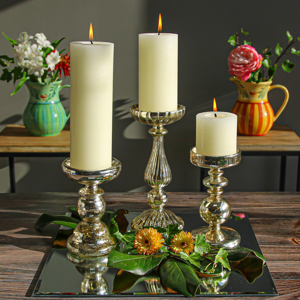 Eastland Unique Mercury Glass Pillar Candle Holder Set of 3 - Quick Candles