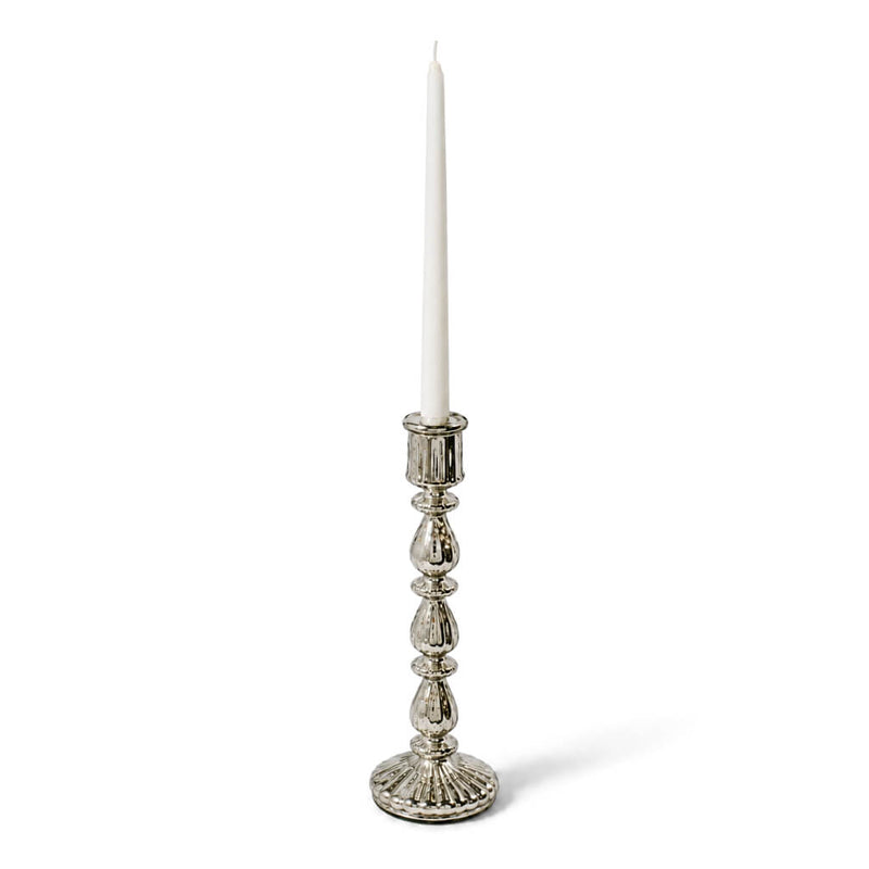 Ribbed Unique Mercury Glass Taper Candle Holder 13" with a white taper candle - thumbnail number 2