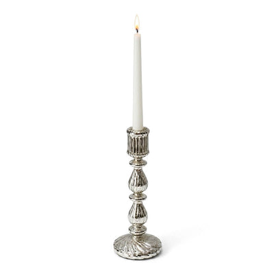 Lit white taper candle in a 9.6" Ribbed Unique Mercury Glass Taper Candle Holder - thumbnail number 3