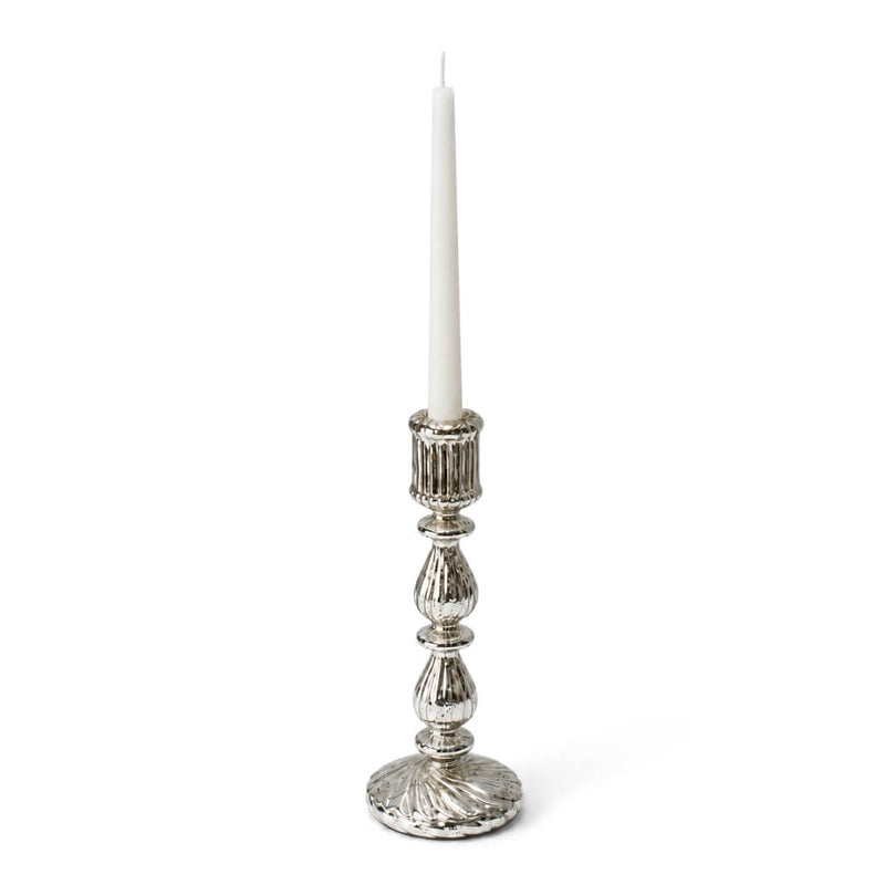 White taper candle in a 9.6" Ribbed Unique Mercury Glass Taper Candle Holder - thumbnail number 2
