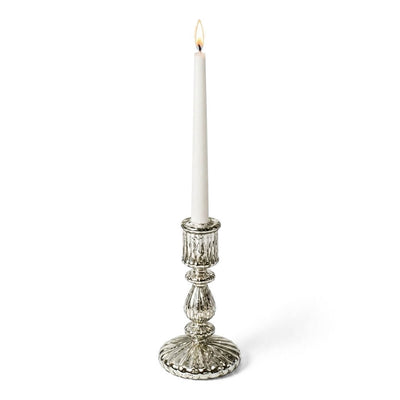7" Ribbed Unique Mercury Glass Taper Candle Holder holding a single lit white candle - thumbnail number 3