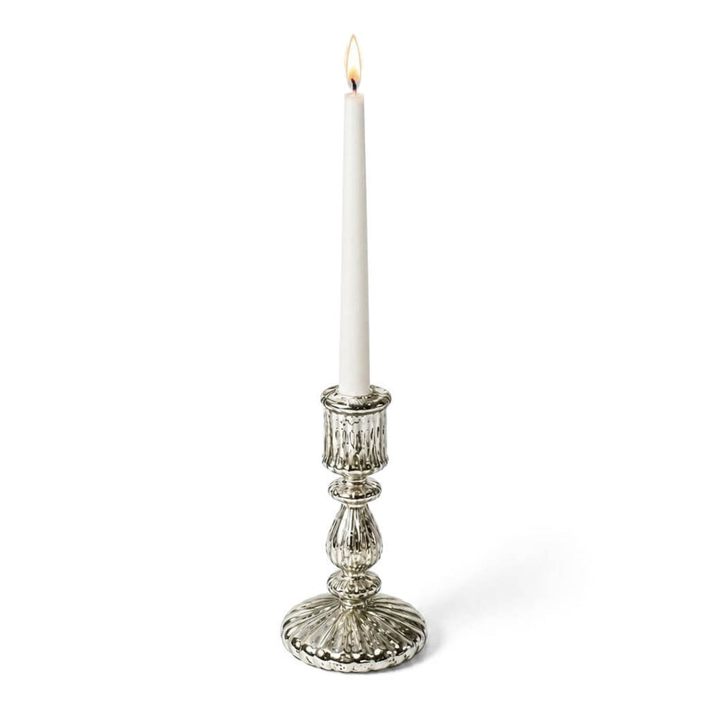 7" Ribbed Unique Mercury Glass Taper Candle Holder holding a single lit white candle - thumbnail number 3