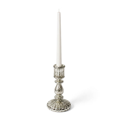 7" Ribbed Unique Mercury Glass Taper Candle Holder holding a single unlit white candle - thumbnail number 2